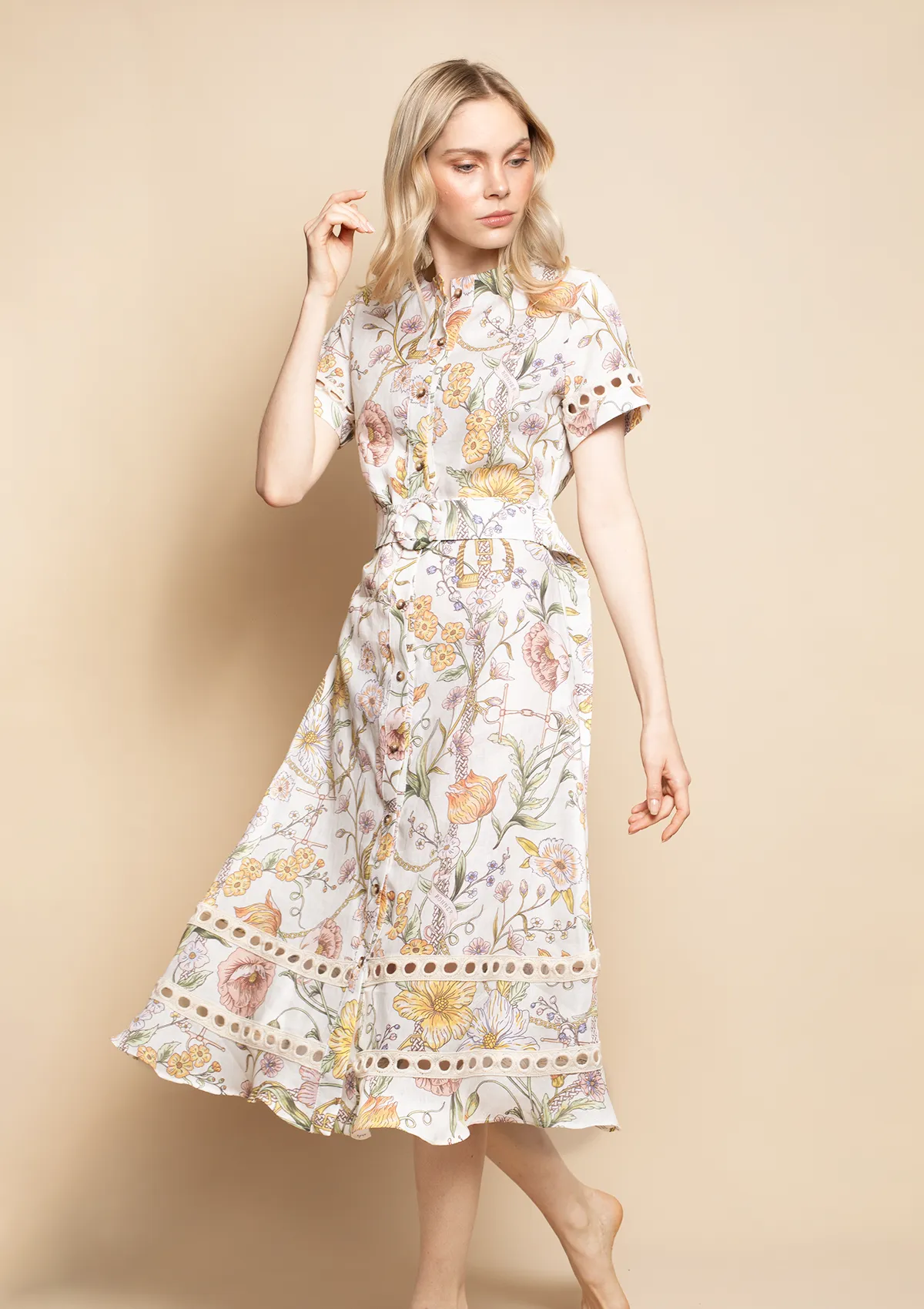 Marigold Linen Dress | Botany Print Cream