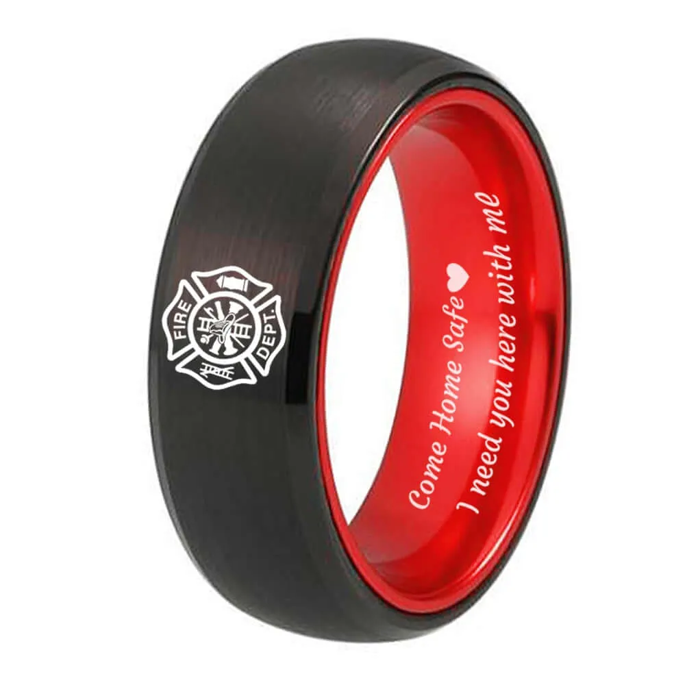 Men's Firefighter Fireman Design Black Tungsten Carbide Ring