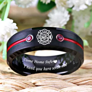 Men's Firefighter Fireman Design Black Tungsten Carbide Ring