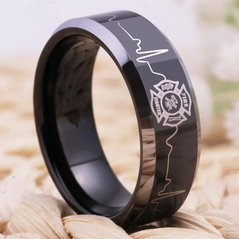 Men's Tungsten Carbide Firefighter Shield & EKG Wedding Band Ring