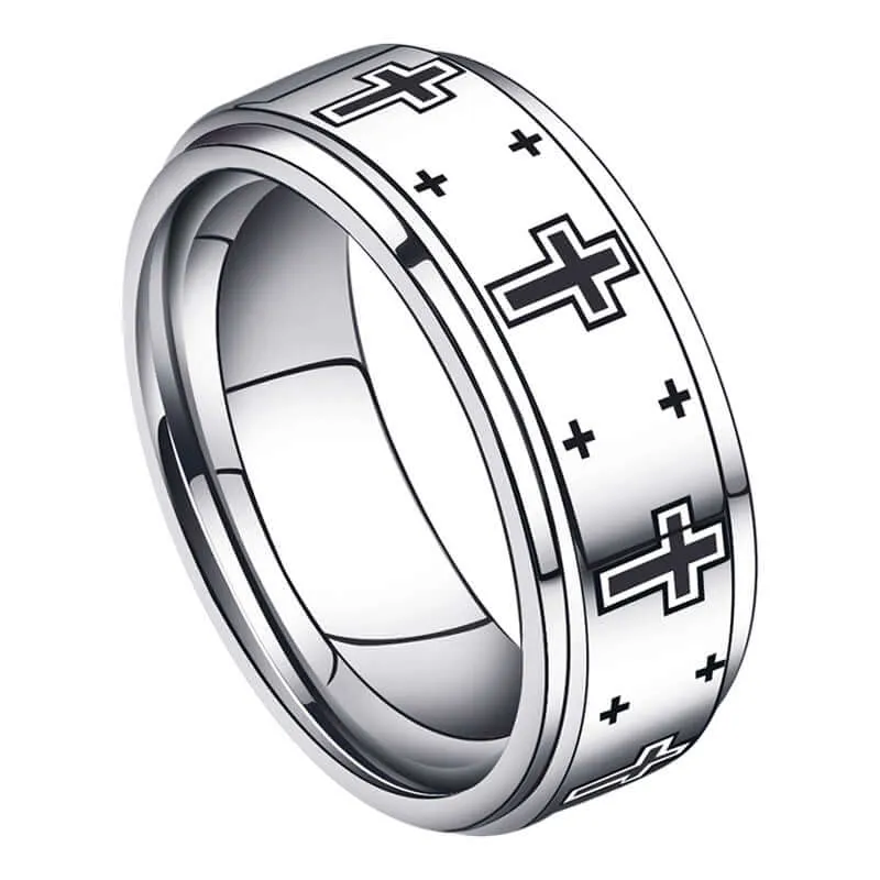 Men's Tungsten Steel Repeating Cross Design Statement Ring