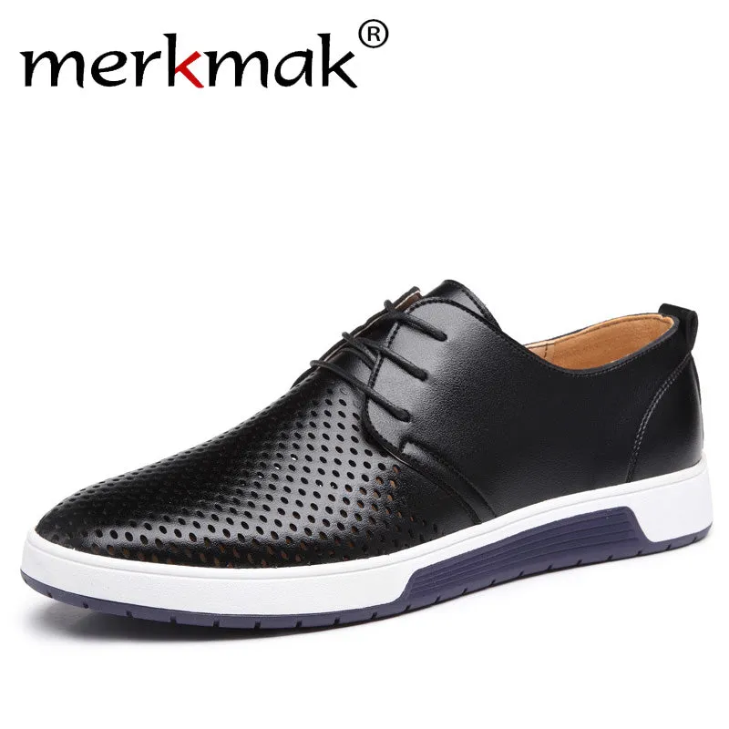 Merkmak New 2018 Men Casual Shoes Leather Summer Breathable Holes Luxury Brand