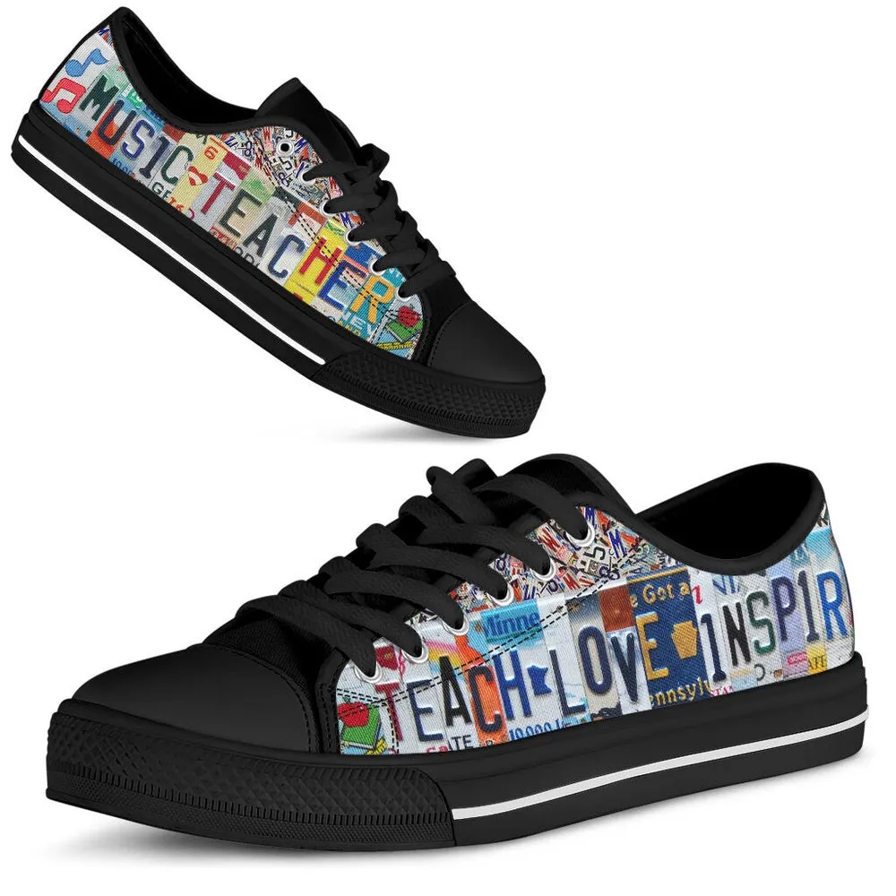 Music Teacher License Plates Low Top Black Shoes, Teacher Shoes, Low Top Sneakers