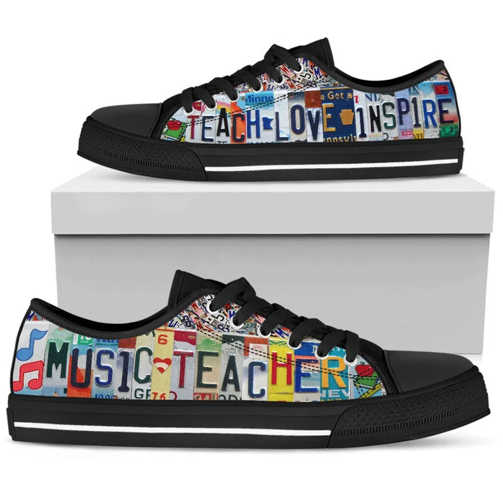 Music Teacher License Plates Low Top Black Shoes, Teacher Shoes, Low Top Sneakers