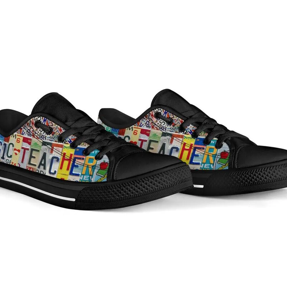 Music Teacher License Plates Low Top Black Shoes, Teacher Shoes, Low Top Sneakers