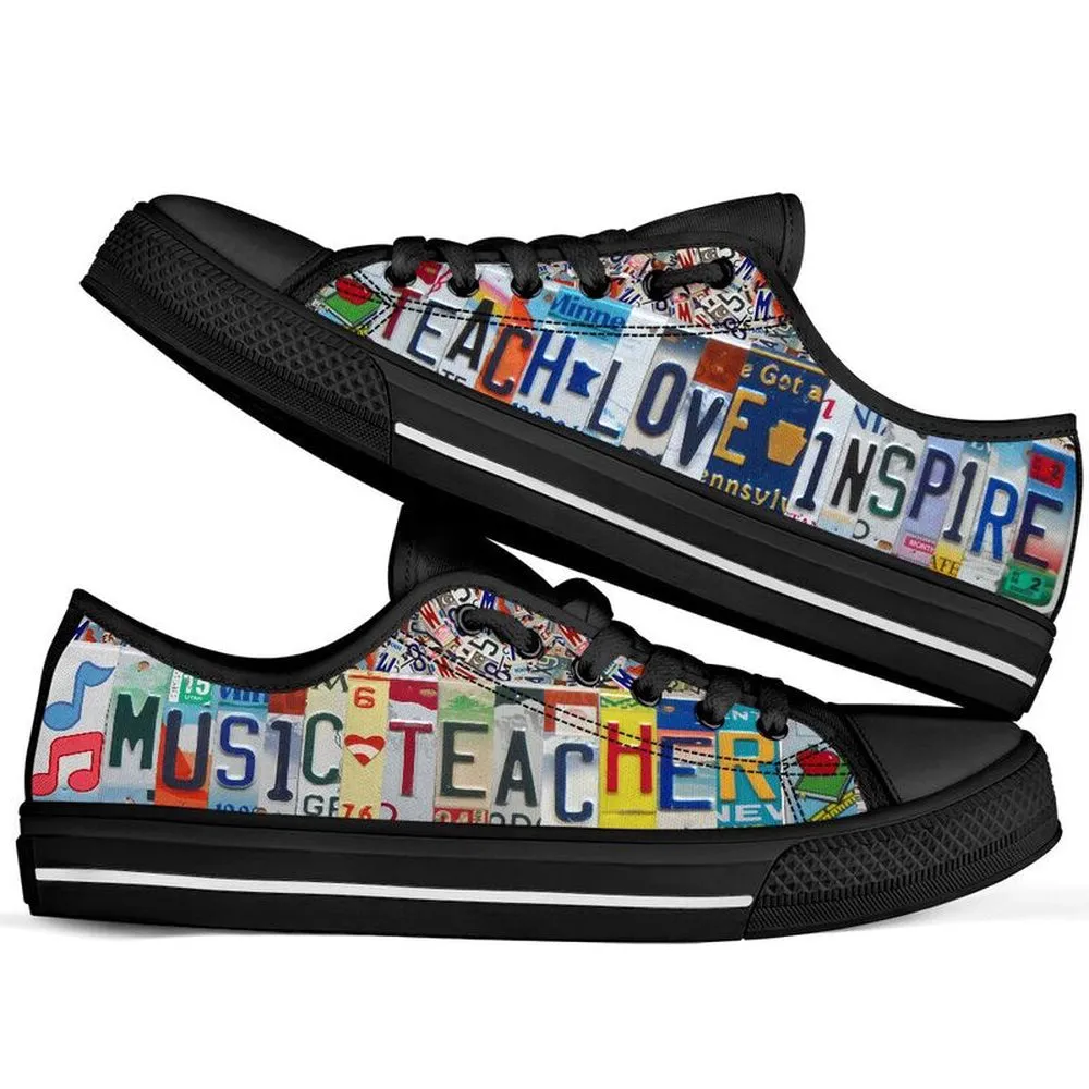 Music Teacher License Plates Low Top Black Shoes, Teacher Shoes, Low Top Sneakers