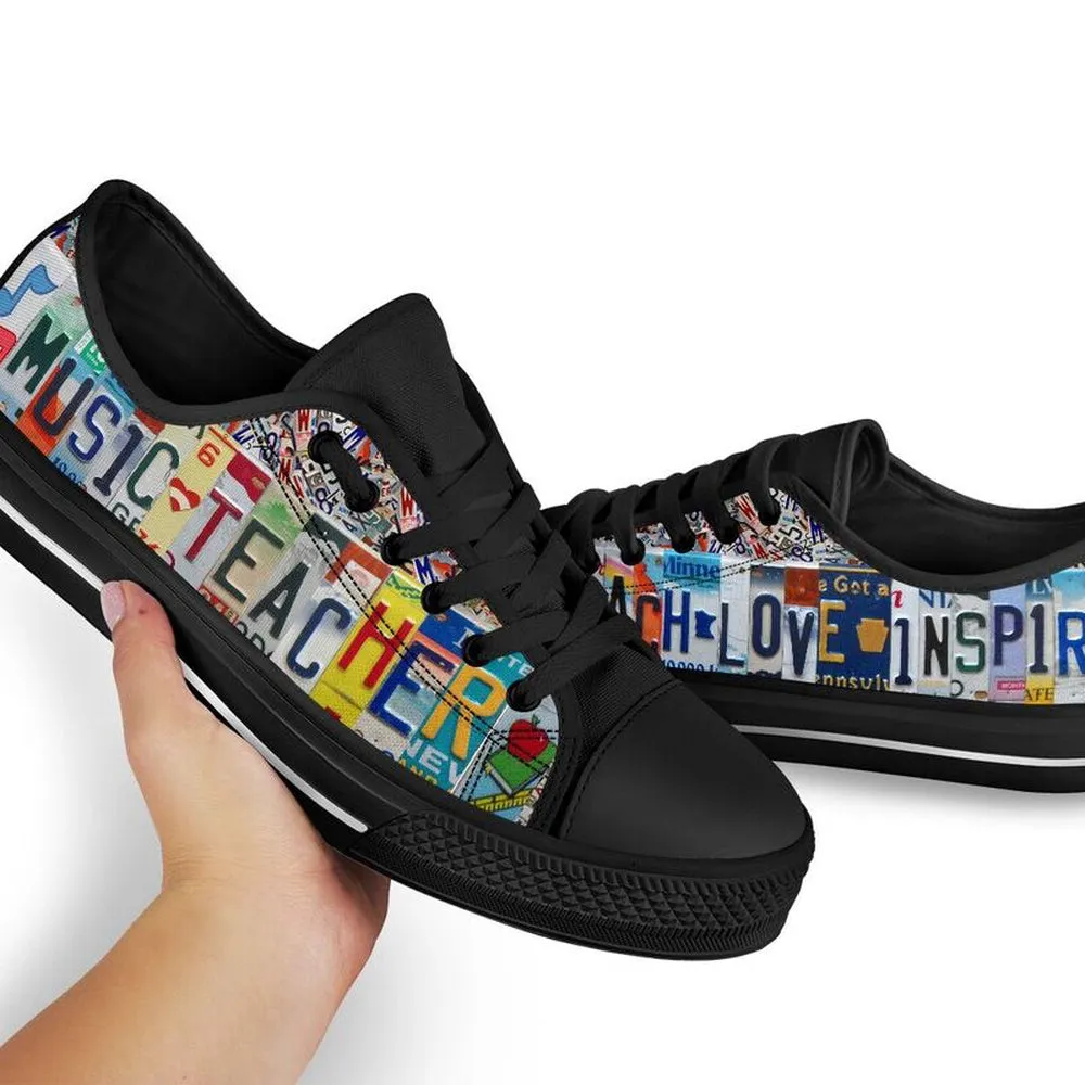 Music Teacher License Plates Low Top Black Shoes, Teacher Shoes, Low Top Sneakers