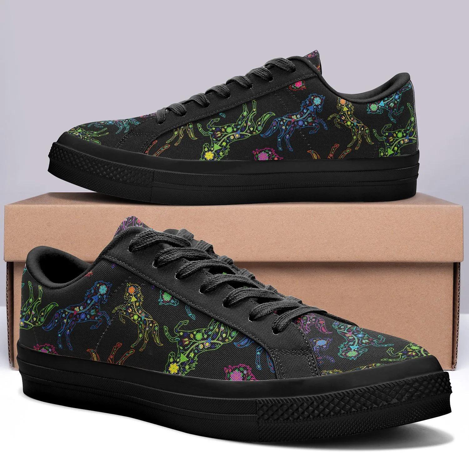 Neon Floral Horses Aapisi Low Top Canvas Shoes Black Sole