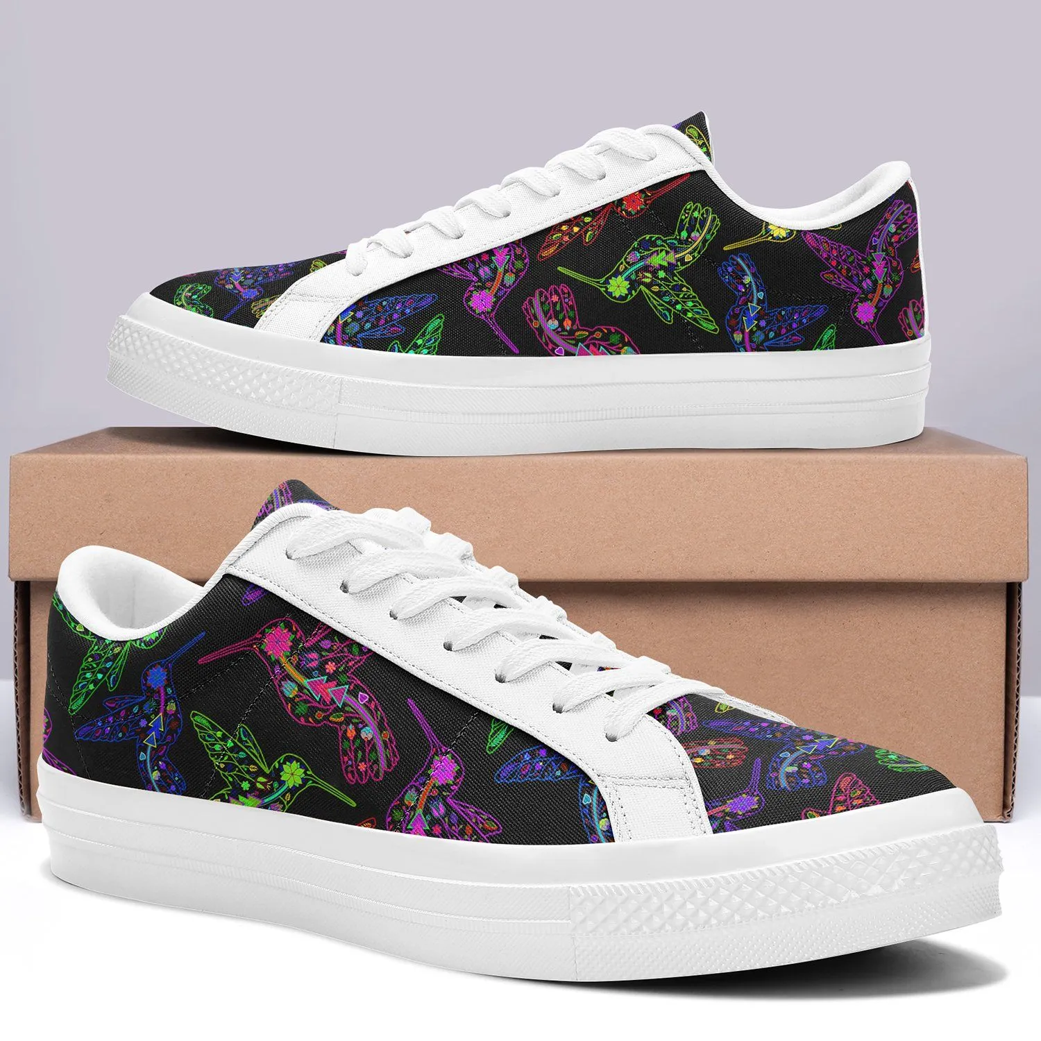 Neon Floral Hummingbirds Aapisi Low Top Canvas Shoes White Sole