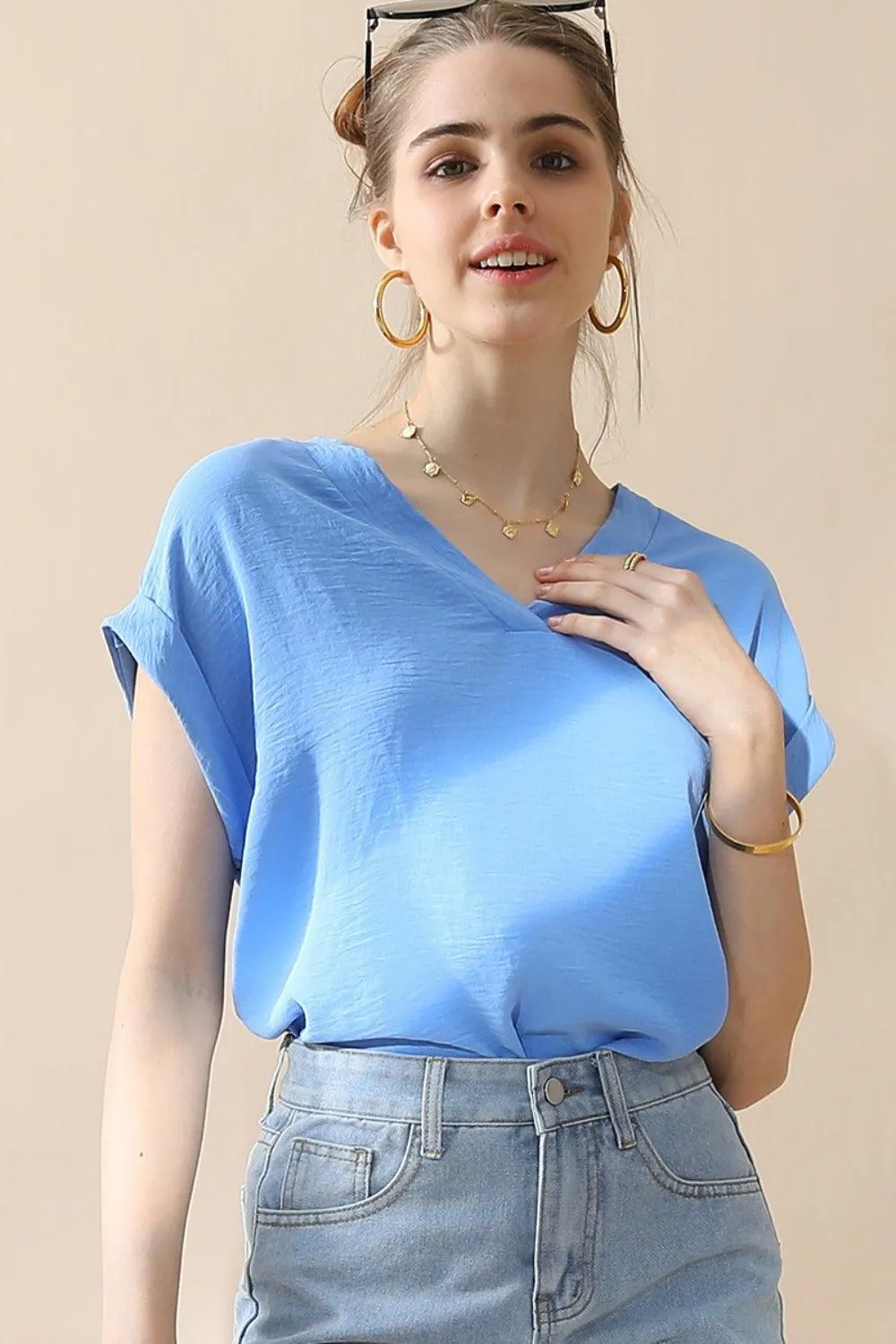 Ninexis V-Neck Short Sleeve Blouse