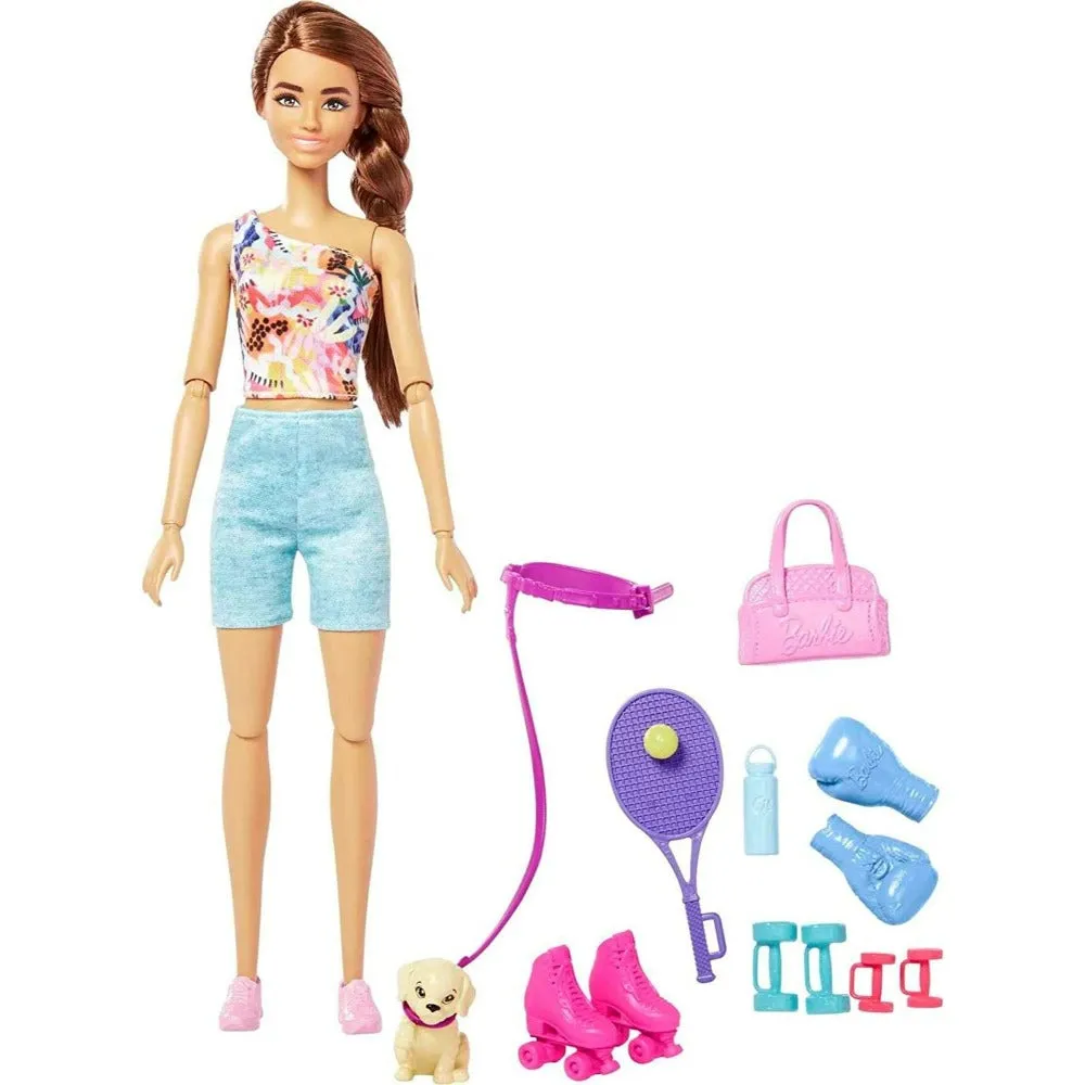 Original 9 in 1 Brunette Posable Workout Doll with Puppy and Accessories