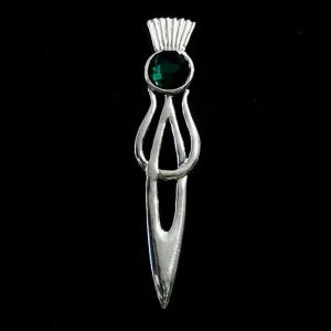 Pewter Thistle Kilt Pin - Green Stone