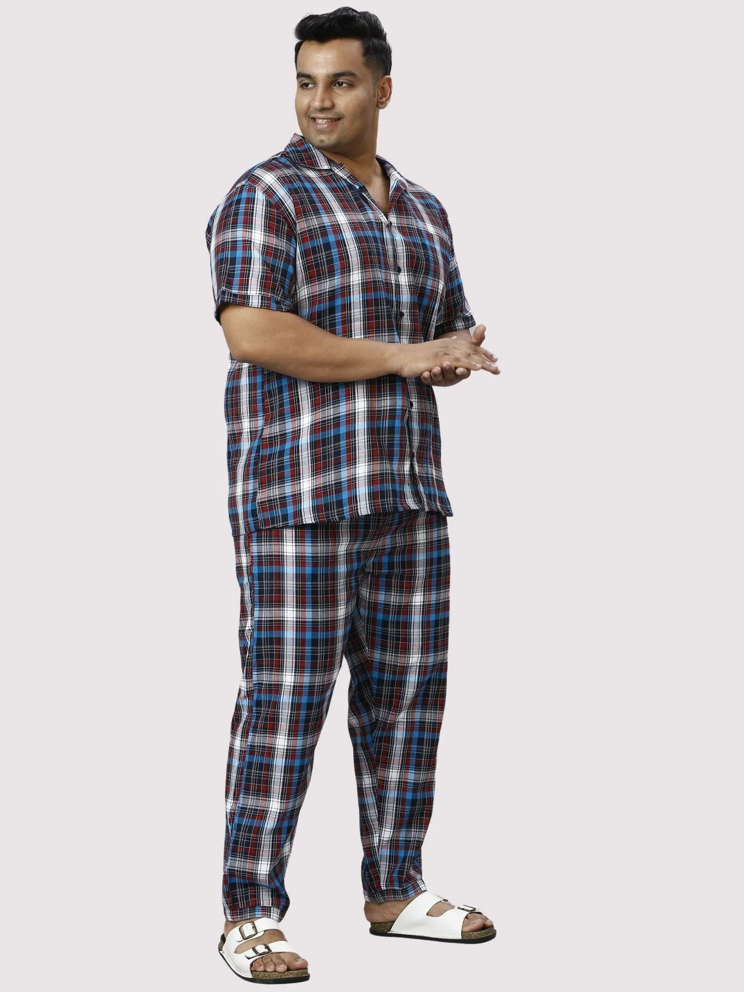 Red and Blue Checks Printed Full Co-ords Set Men's Plus Size