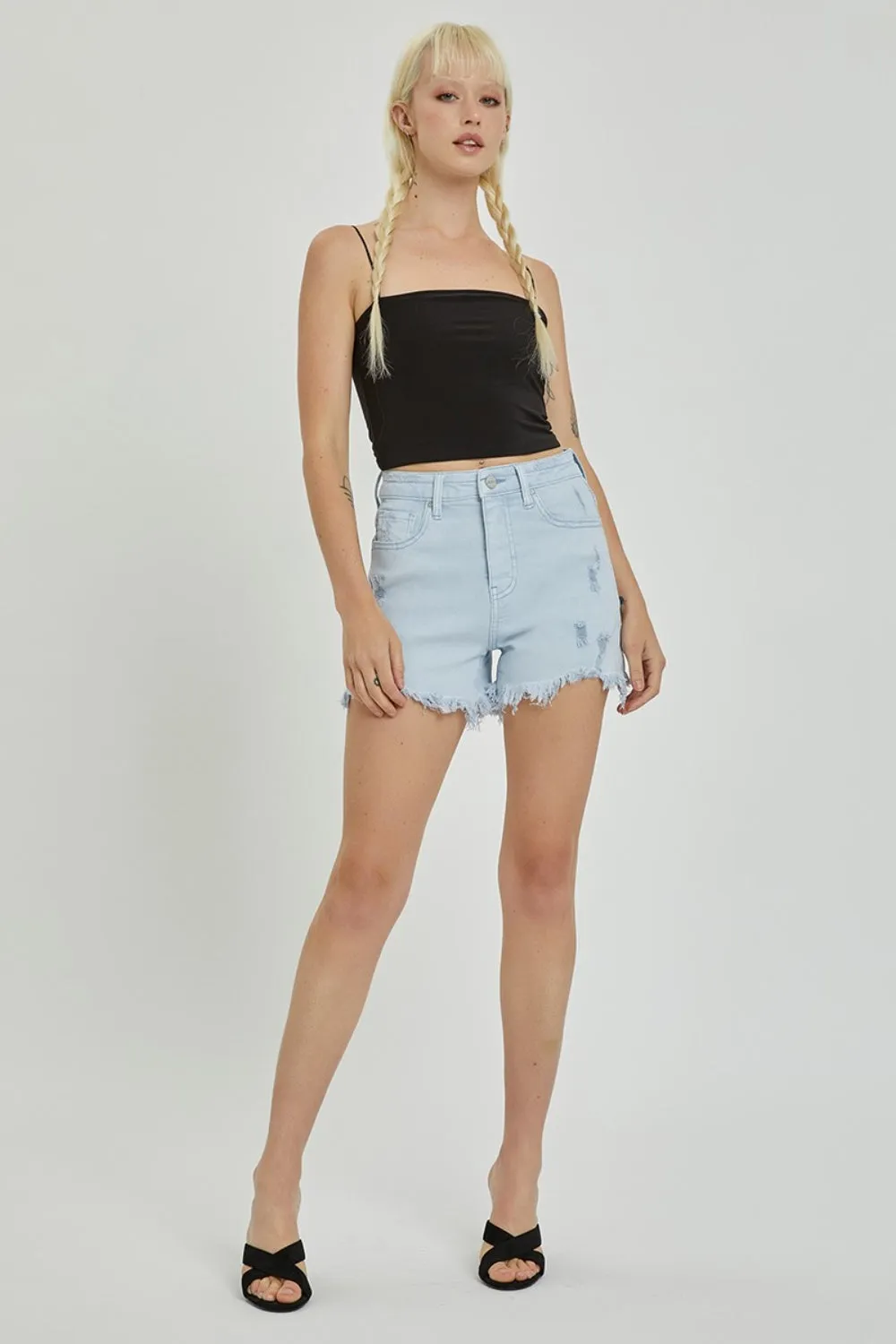 RISEN Full Size High Rise Distressed Detail Denim Shorts