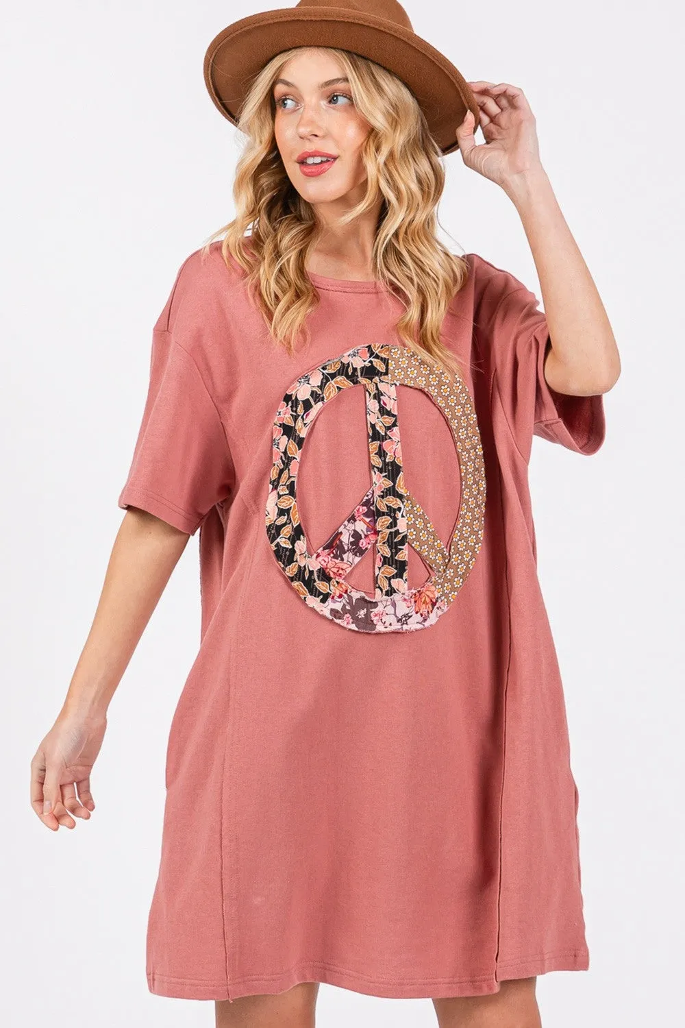 SAGE   FIG Full Size Peace Sign Applique Short Sleeve Tee Dress