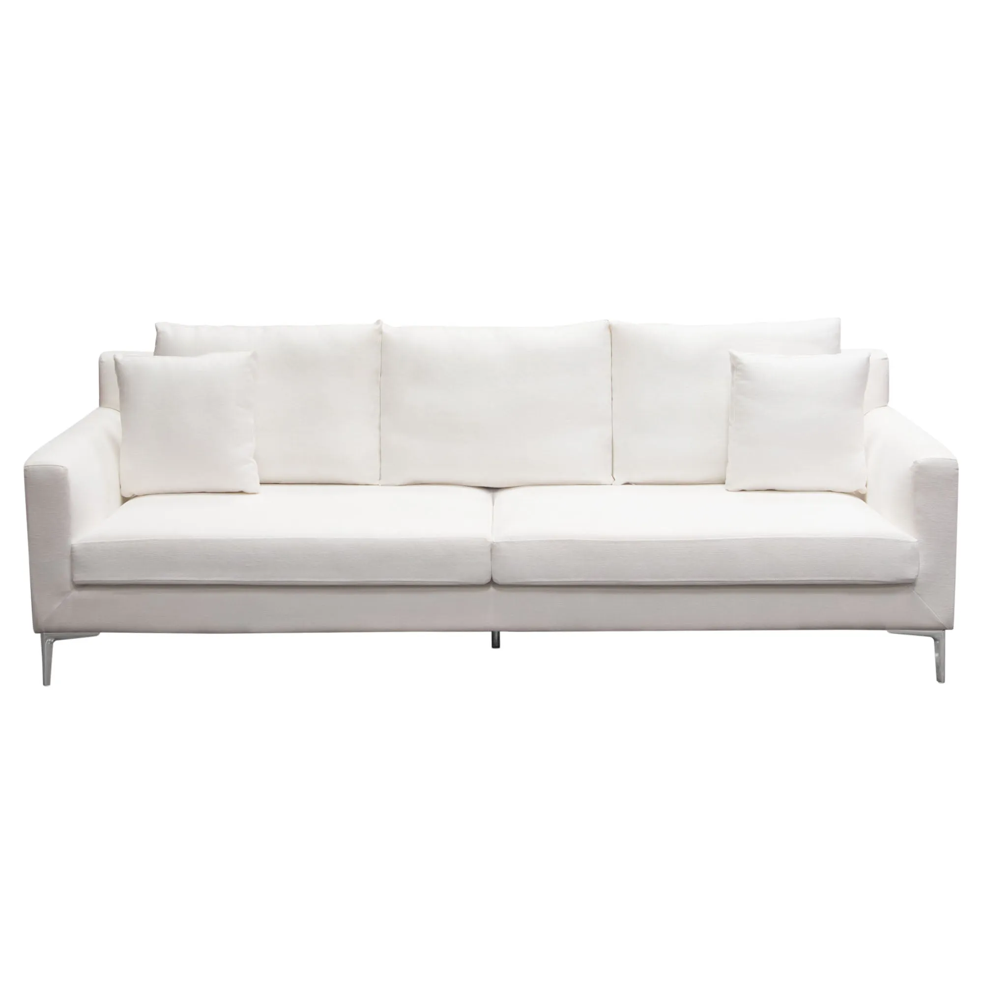 Seattle Loose Back Sofa in White Linen w/ Polished Silver Metal Leg by Diamond Sofa