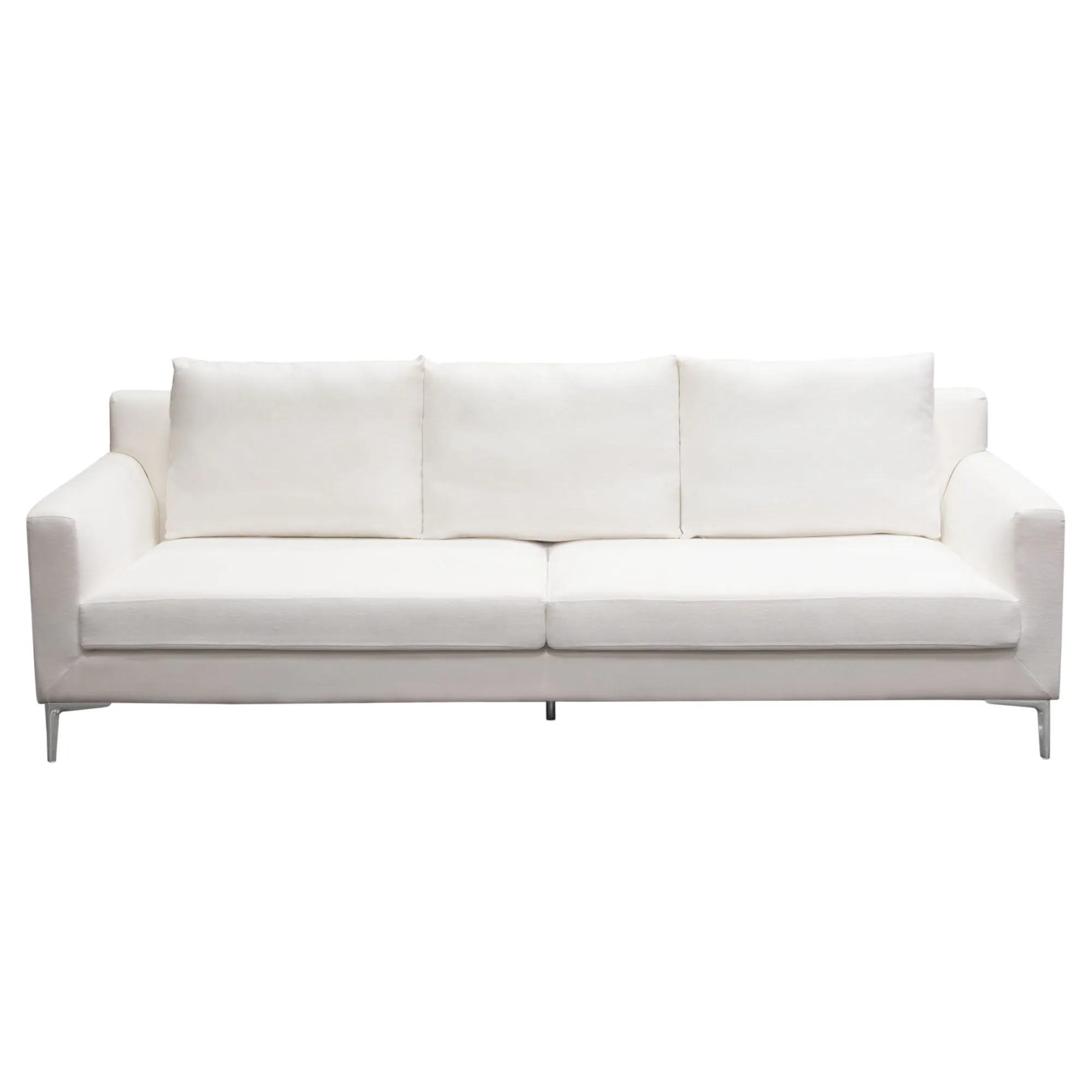 Seattle Loose Back Sofa in White Linen w/ Polished Silver Metal Leg by Diamond Sofa