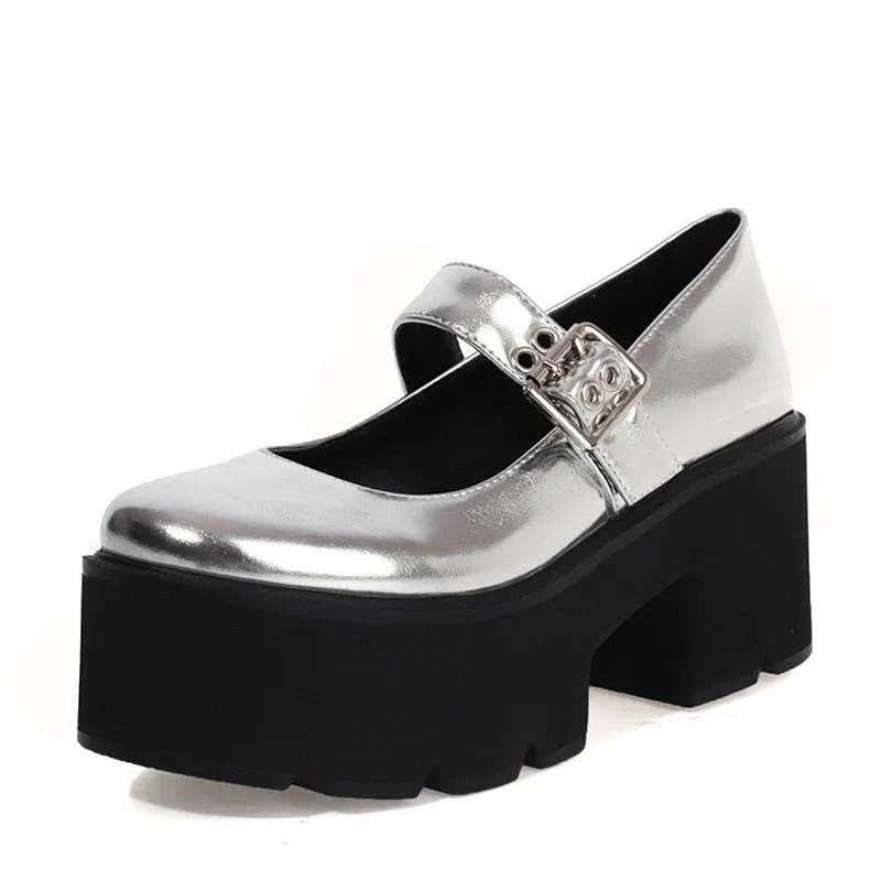 Silver Heels Shoes For Women Patent Leather Mary Jane Lolita Shoes Buckle Strap Thick Sole