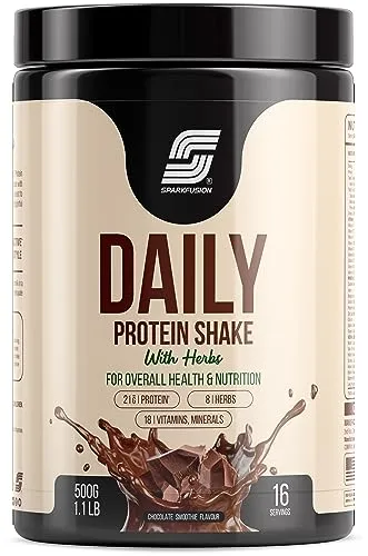 Sparkfusion Daily Protein Shake With Hebrs | 21 Gm Protein With 8 Hebrs | For Increase Energy Levels, Bone Health & Support Immunity | For Men & Women | Chocolate Smoothie Flavour 500 Gm