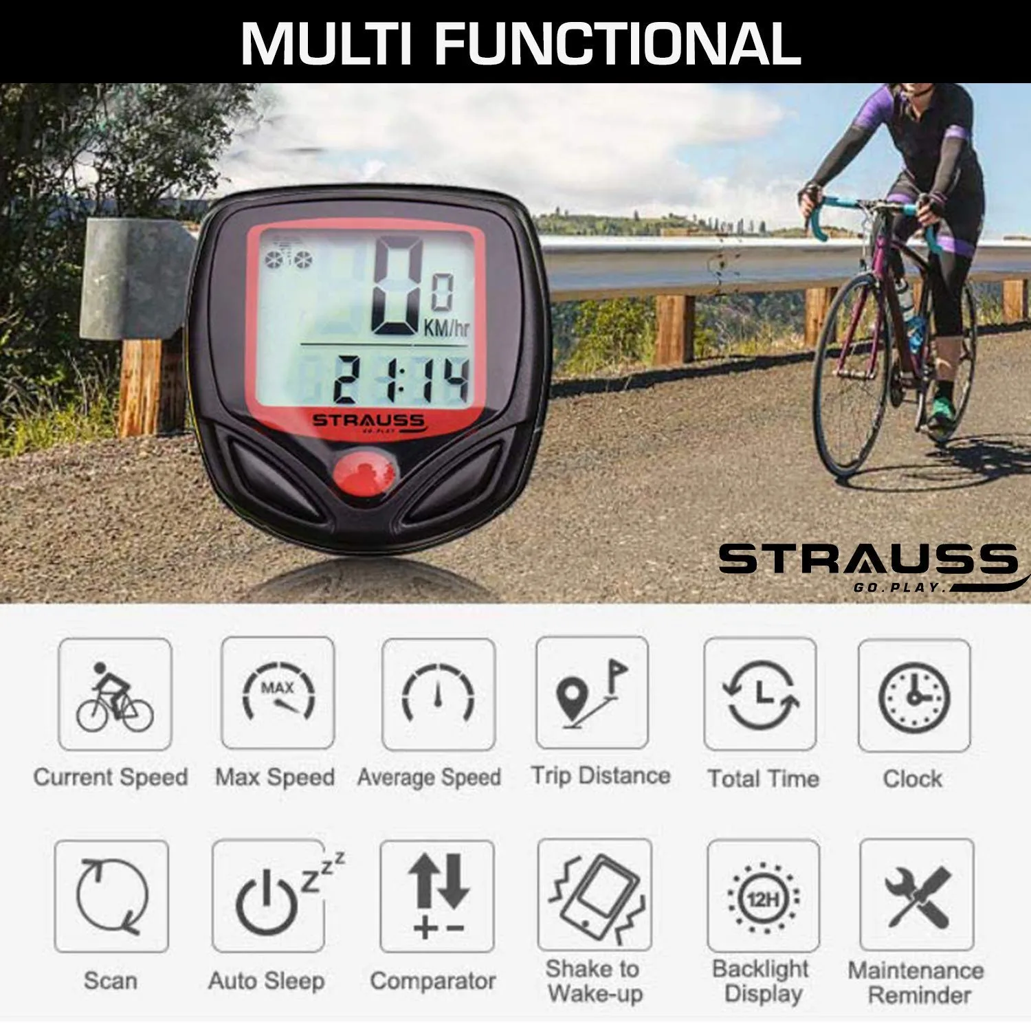 Strauss Bicycle Computer Odometer Speedometer | Waterproof LCD Display, Lightweight Multi-Function Cycling Accessory | Auto Sleep & Wake Up Mode, Speed Monitor | Easy Install & Read, (Red/Black)