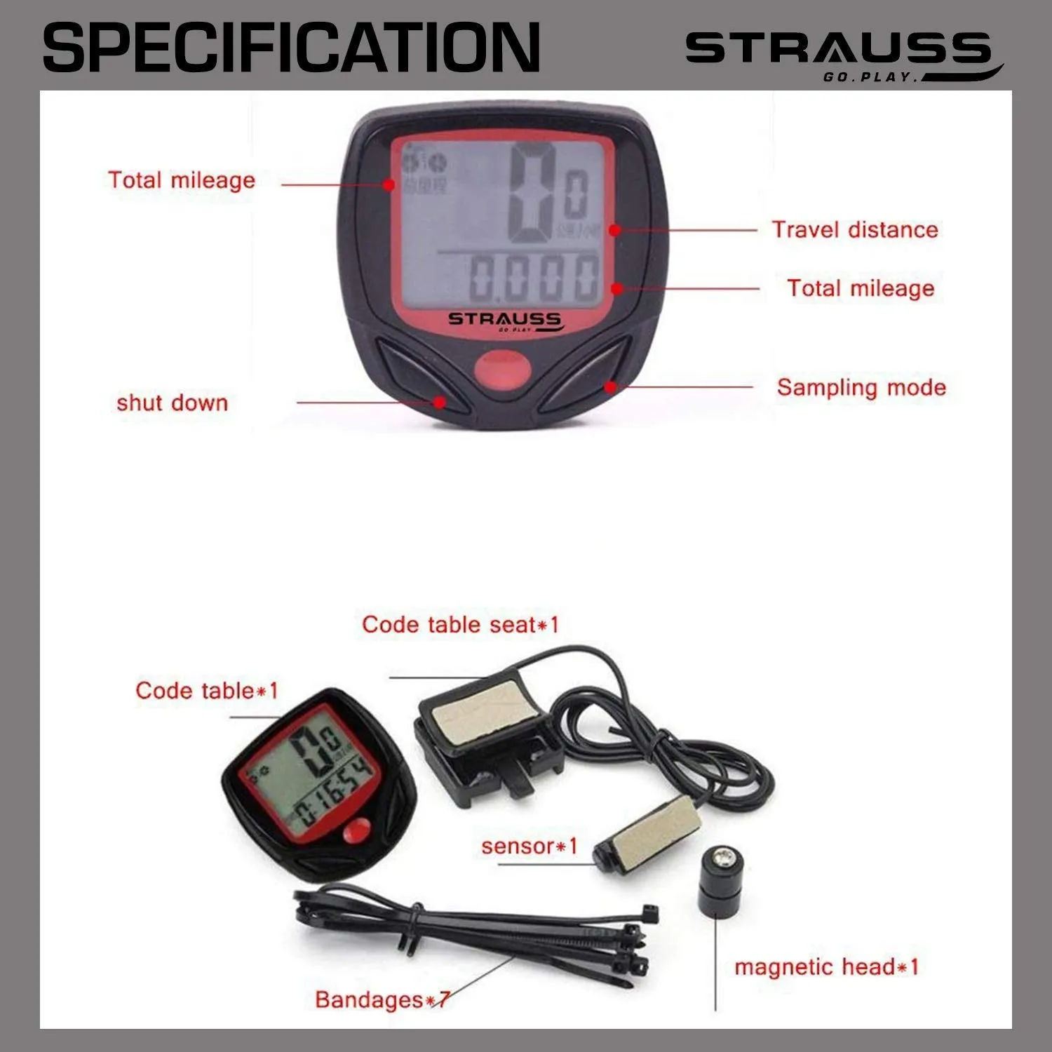 Strauss Bicycle Computer Odometer Speedometer | Waterproof LCD Display, Lightweight Multi-Function Cycling Accessory | Auto Sleep & Wake Up Mode, Speed Monitor | Easy Install & Read, (Red/Black)