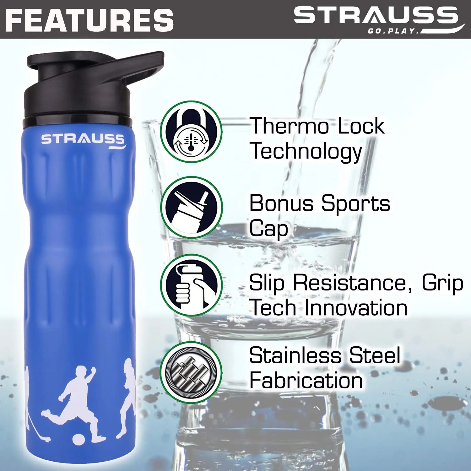 STRAUSS Stainless Steel Water Bottle, 750 ML | 100% Leak Proof | Eco-Friendly and BPA-Free | Water Bottle For Gym, Home, Hiking, Trekking and Travelling | Ideal For Girls, Boys and Kids, (Blue)