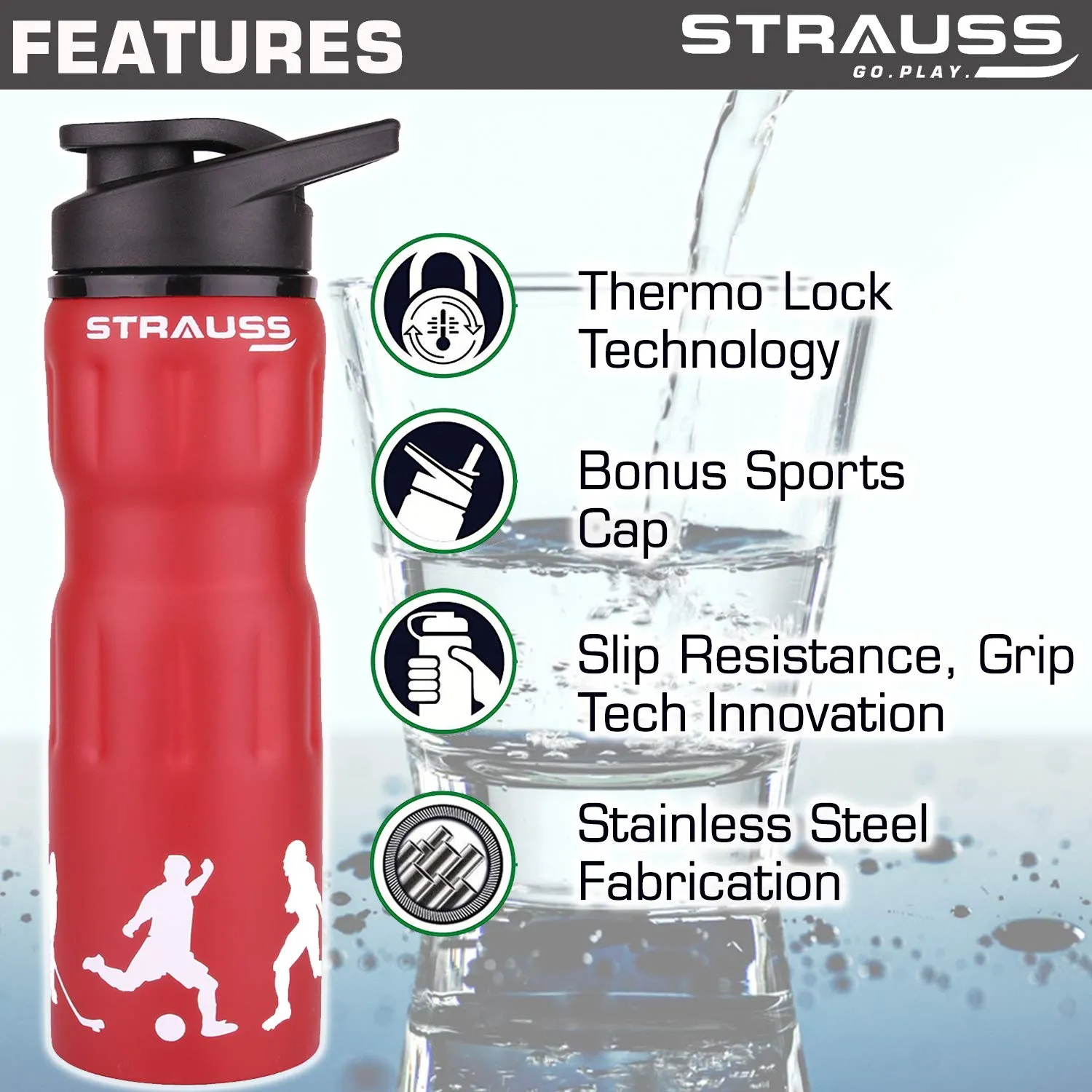 STRAUSS Stainless Steel Water Bottle, 750 ML | 100% Leak Proof | Eco-Friendly and BPA-Free | Water Bottle For Gym, Home, Hiking, Trekking and Travelling | Ideal For Girls, Boys and Kids, (Red)