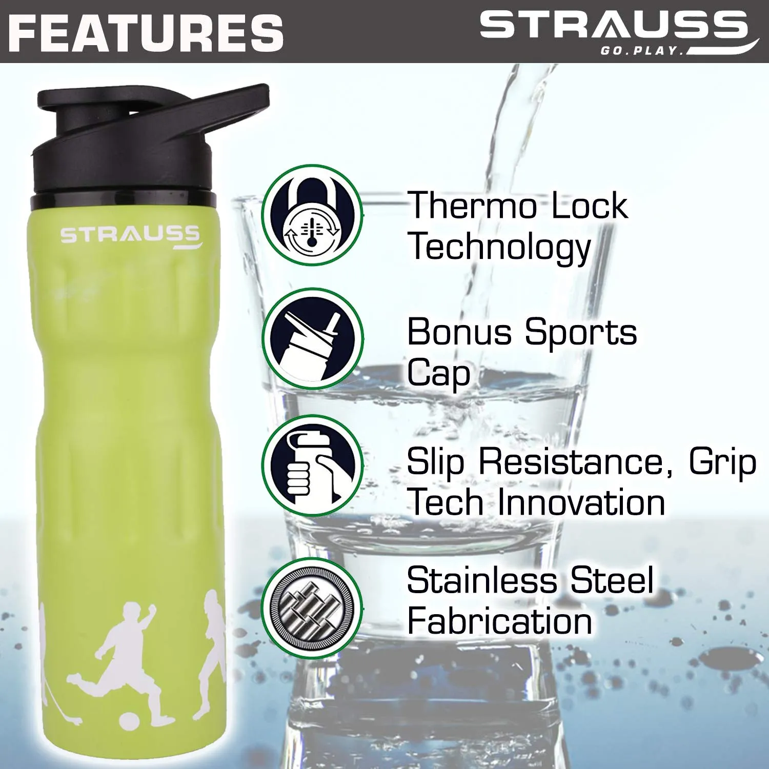 STRAUSS Stainless Steel Water Bottle, 750 ML | 100% Leak Proof | Eco-Friendly and BPA-Free | Water Bottle For Office, Gym, Home, Kitchen, Hiking, Trekking and Travelling | Ideal For Girls, Boys and Kids, (Green)