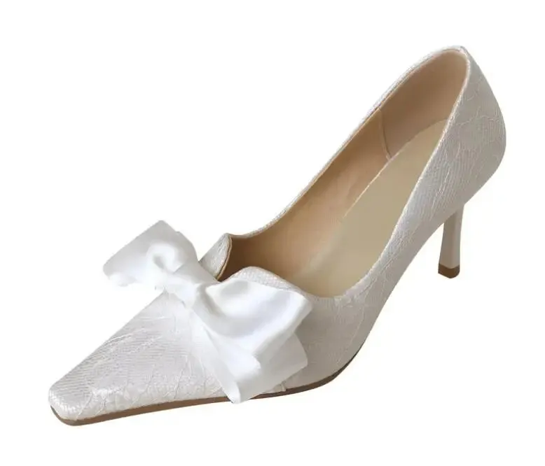 TAVIMART  -  French Style Woman Bowtie Kitten Heels Lace Pumps Female Satin Butterfly knot Wedding Shoes Pointed Toe Bridal Elegant heels