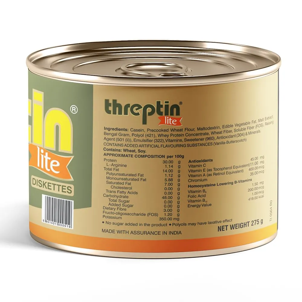 Threptin LITE- Sugarfree Protein Diskettes - 275g, Casein Protein Diskette with Fibers, Antioxidant, Vitamins and Minerals| For Kids, Men and Women|Delicious Vanilla Flavor|100% Veg