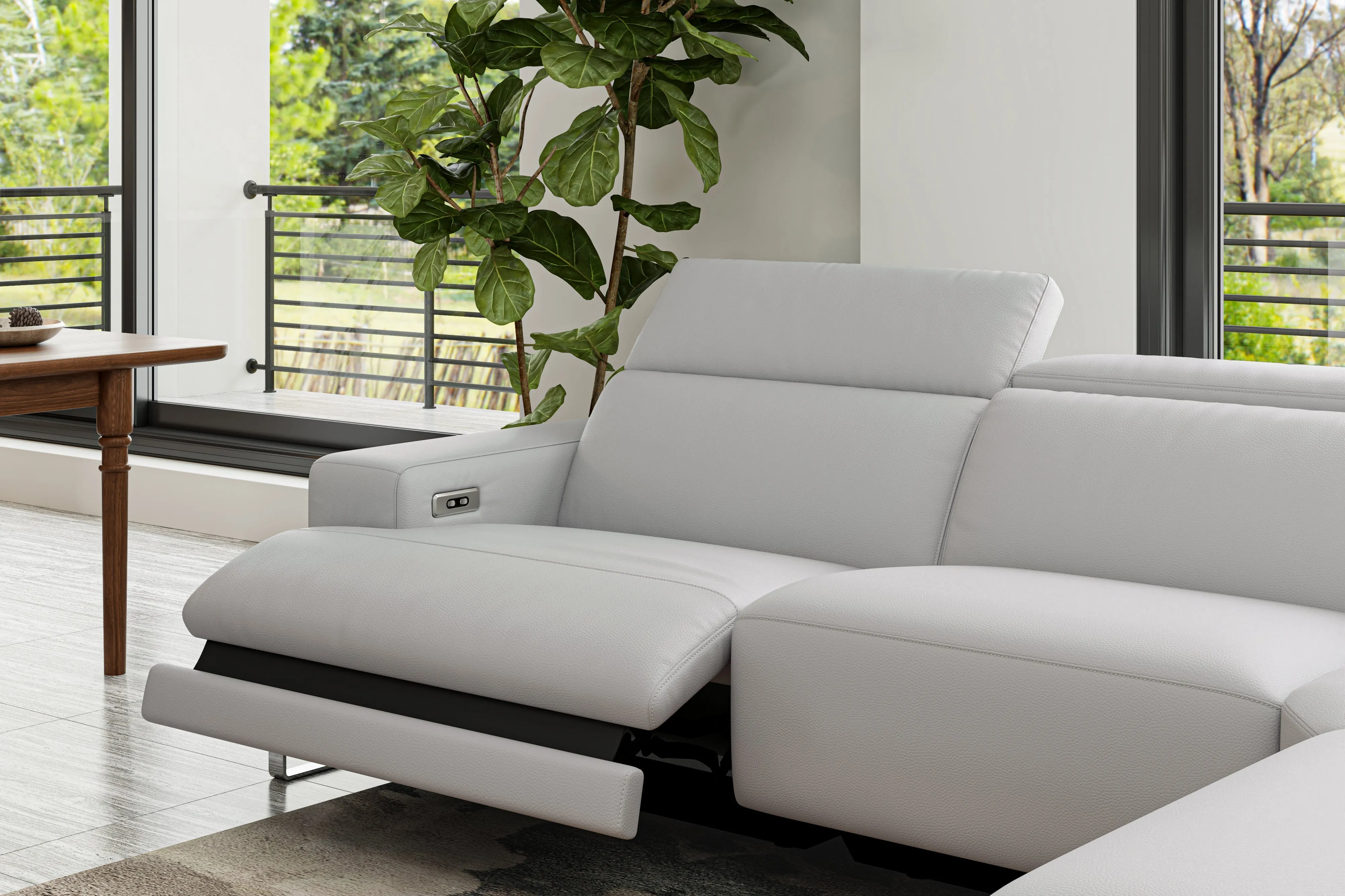 Valencia Melania Top Grain Leather L-Shape Reclining Sectional Sofa, Light Grey Color