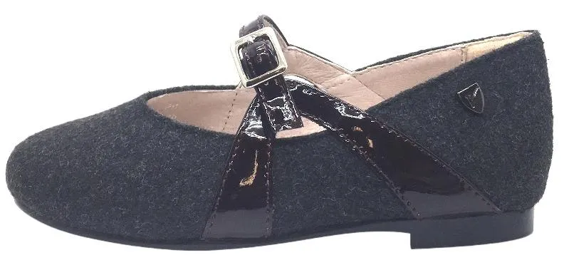 Venettini Girl's Grey Flannel Wool with Burgundy Patent Leather Buckle Strap Mary Jane Dress Flats