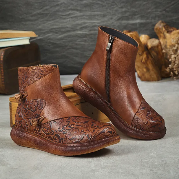 Vintage Ethnic Style Thick-Soled Autumn Embossed Boots |Gift Shoes