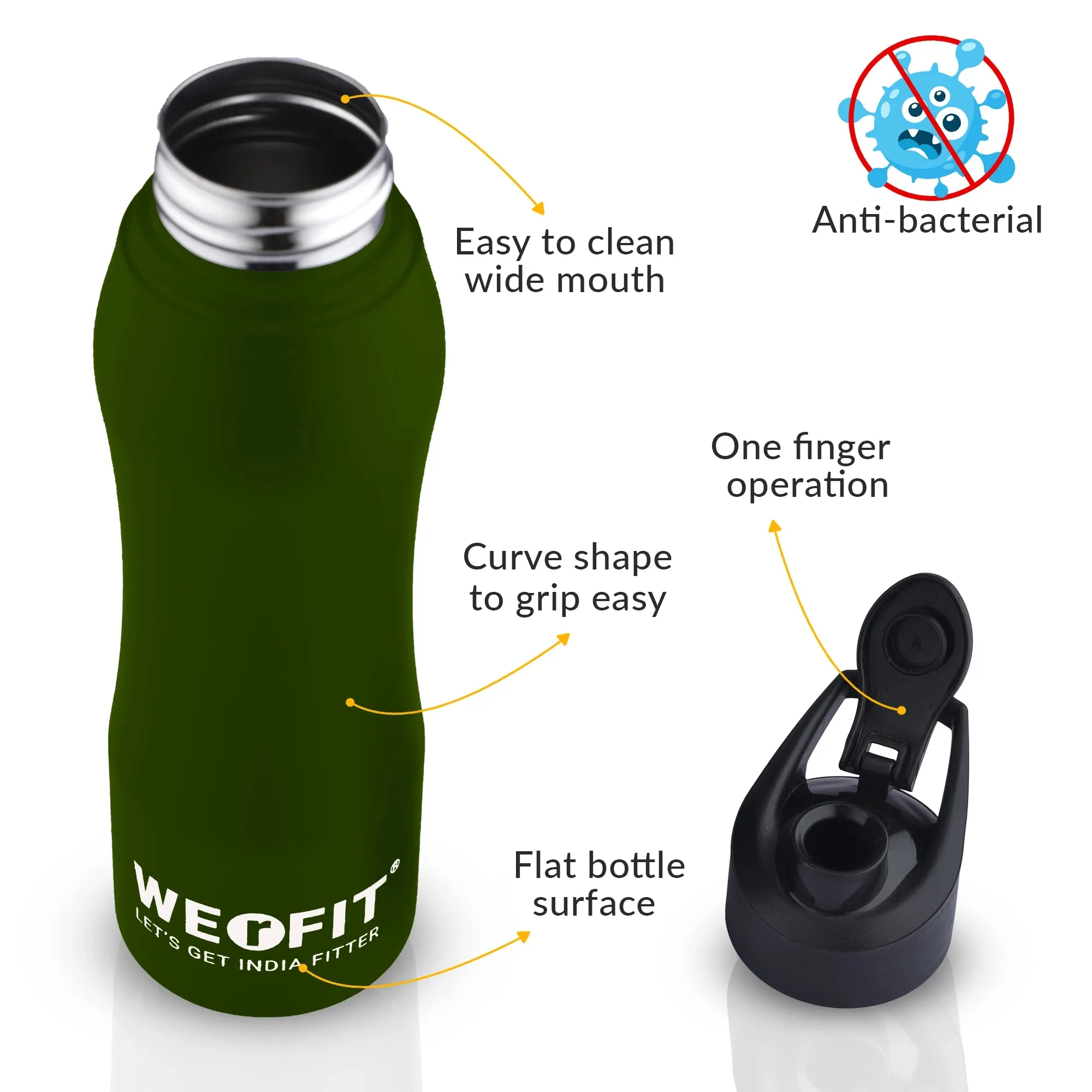 WErFIT Stainless Steel Water Bottle for Gym Park Cycling Yoga Office School Sports 900 ml Shaker  (Pack of 1, Green, Steel)