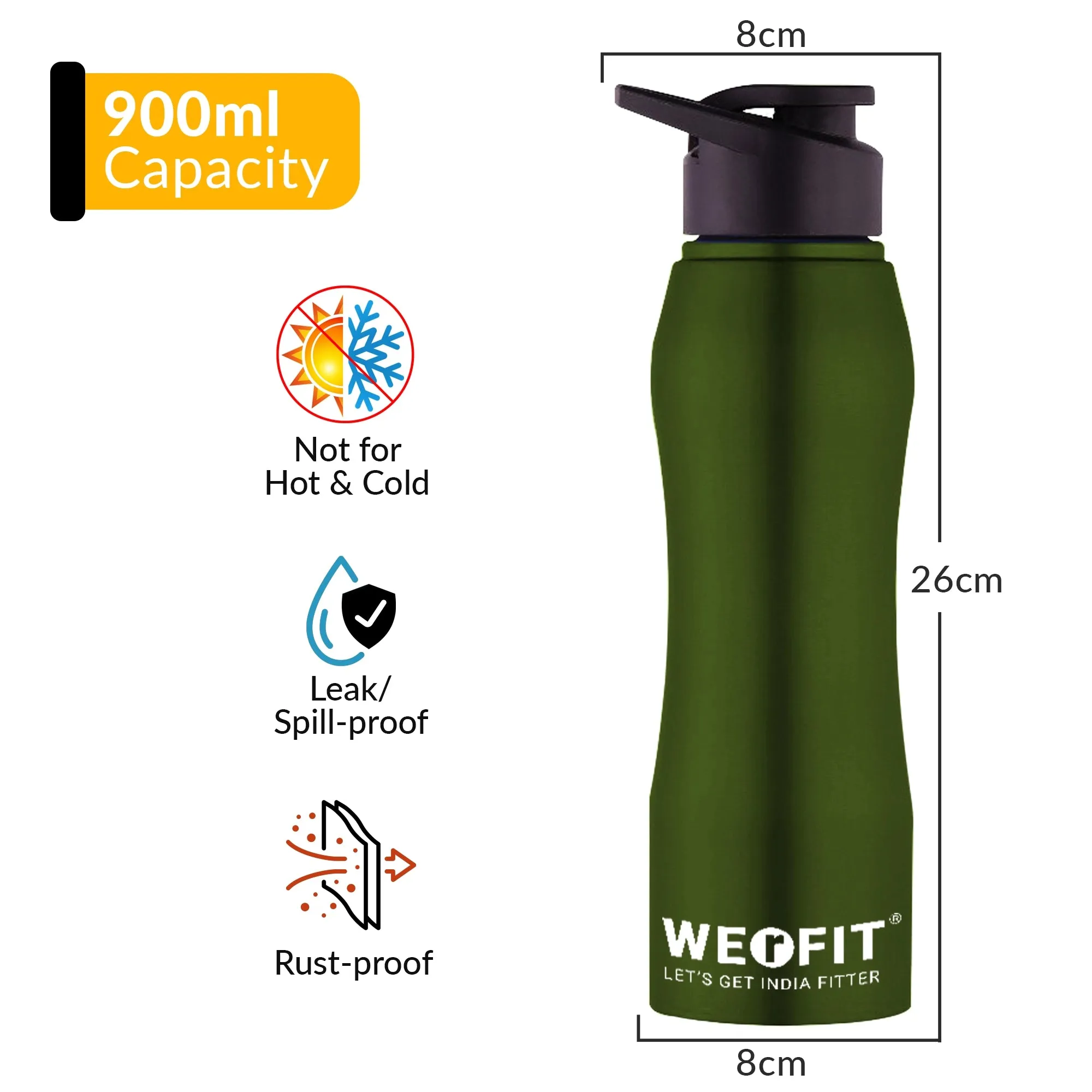 WErFIT Stainless Steel Water Bottle for Gym Park Cycling Yoga Office School Sports 900 ml Shaker  (Pack of 1, Green, Steel)