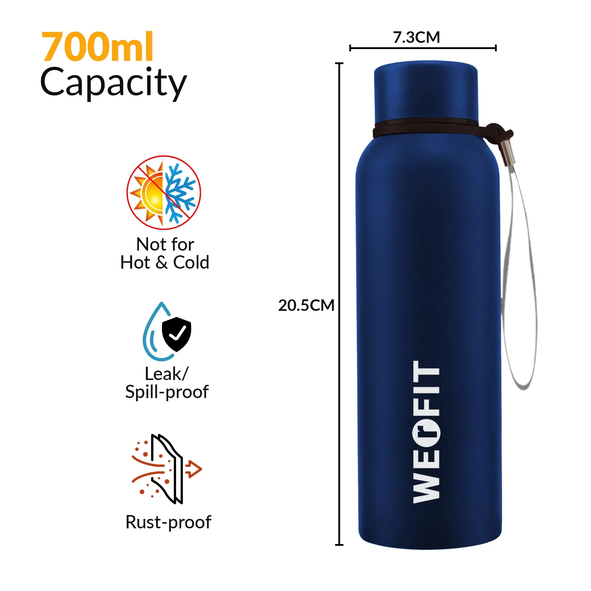 WErFIT Steel Water Bottle for Sports, Hiking, Home, Gym, Office, School, Carrying Strap 700 ml Shaker  (Pack of 1, Blue, Steel)