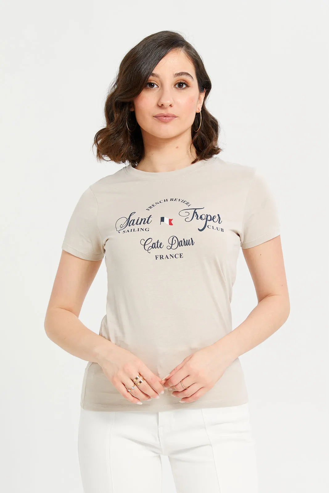 Women Beige Graphic T-Shirt