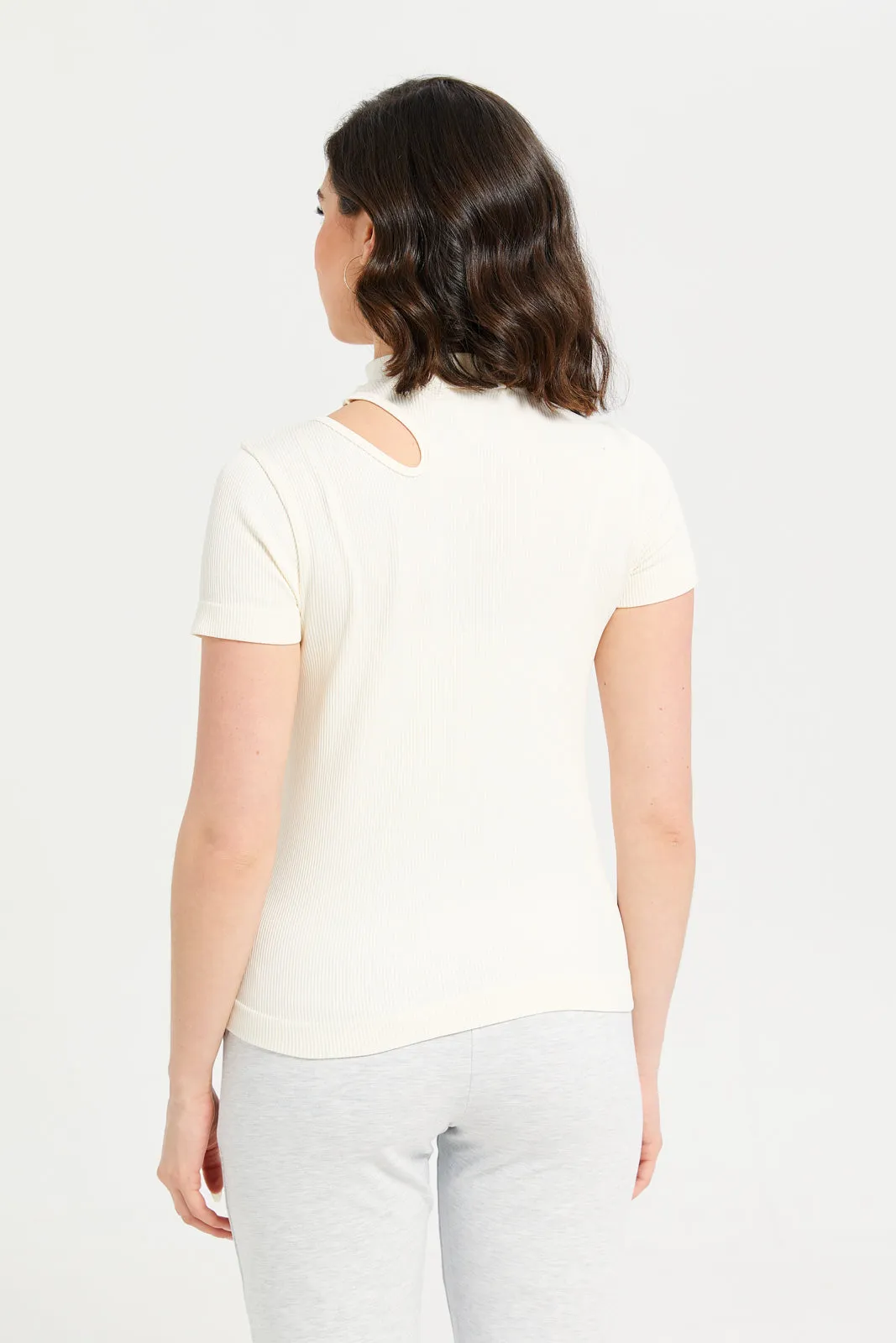 Women Cream Ribbed Cutout T-Shirt